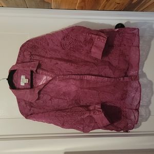 Purple lace floral button-down short-sleeve tee